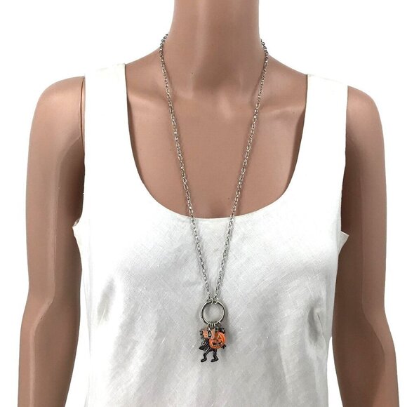 Halloween Necklace Earrings Set Silver Tone Spider Web Skeleton Pumpkin - Picture 4 of 5